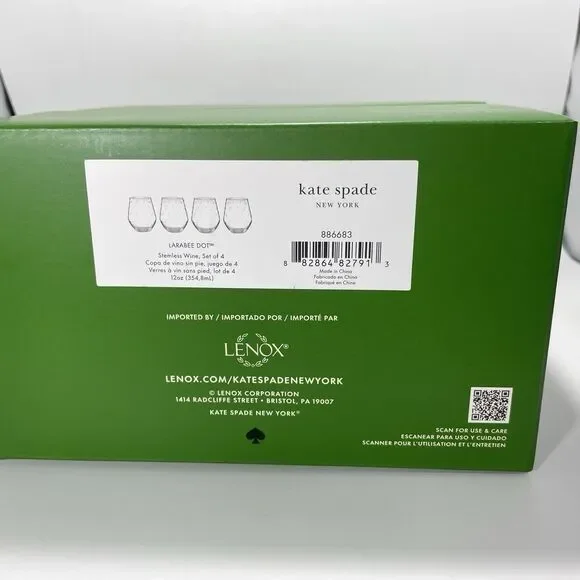 NIB Kate Spade Lenox LARABEE DOT Set of 4 Stemless Wine Glasses 12 Oz Drinkware